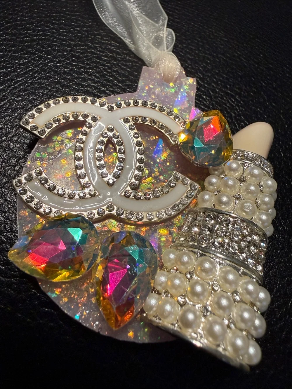 Ornament Rhinestone Pearl Crystal Gem Decor Handmade Pink Glam Hanging Decor